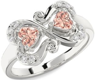 Diamond Morganite Silver Two Heart Ring