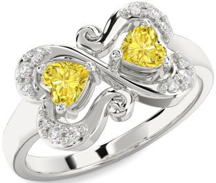 Yellow Diamond Silver Two Heart Ring