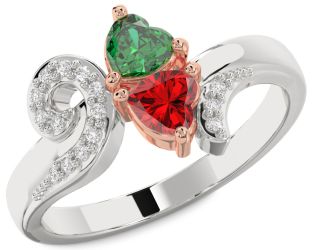 Diamond Emerald Platinum & Rose Gold Two Heart Birthstone Ring