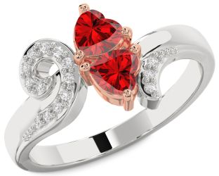 Diamond Emerald Platinum & Rose Gold Two Heart Birthstone Ring