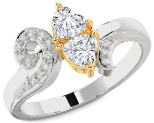 Diamond White Yellow Gold Two Heart Ring