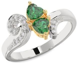 Diamond Emerald Platinum & Yellow Gold Two Heart Birthstone Ring