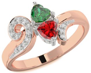 Diamond Emerald Platinum & Rose Gold Two Heart Birthstone Ring