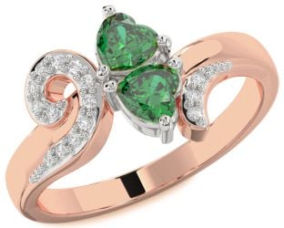 Diamond Emerald Platinum & Rose Gold Two Heart Birthstone Ring