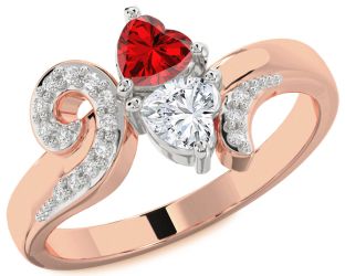 Diamond Emerald Platinum & Rose Gold Two Heart Birthstone Ring