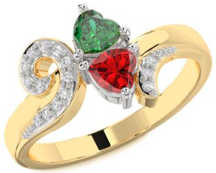 Diamond Emerald Platinum & Yellow Gold Two Heart Birthstone Ring