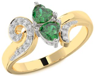 Diamond Emerald Platinum & Yellow Gold Two Heart Birthstone Ring