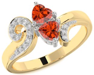 Diamond Fire Opal Gold Silver Two Heart Ring