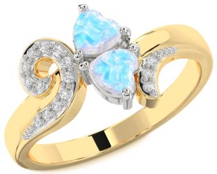 Diamond Moonstone Gold Silver Two Heart Ring