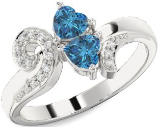 Blue Diamond Silver Two Heart Ring