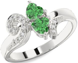 Diamond Green Sapphire Silver Two Heart Ring