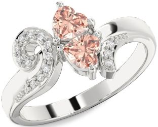 Diamond Morganite Silver Two Heart Ring