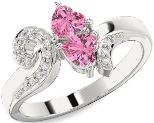 Diamond Pink Sapphire Silver Two Heart Ring