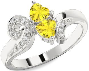 Diamond Yellow Sapphire Silver Two Heart Ring