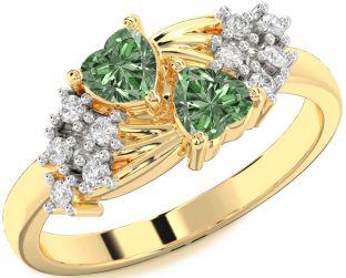 Green Diamond Gold Silver Two Heart Ring