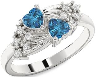 Blue Diamond Silver Two Heart Ring