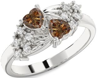 Chocolate Brown Diamond Silver Two Heart Ring