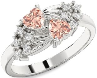 Diamond Morganite Silver Two Heart Ring