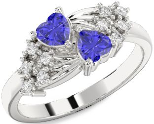 Diamond Tanzanite Silver Two Heart Ring