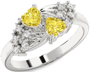 Yellow Diamond Silver Two Heart Ring