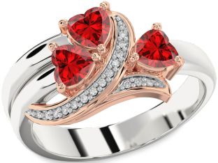 Diamond Emerald Platinum & Rose Gold Heart Three Stone Birthstone Ring