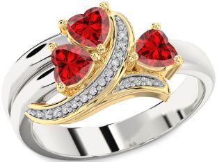 Diamond Emerald Platinum & Yellow Gold Heart Three Stone Birthstone Ring