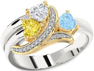Diamond Silver & 10K gold Heart Three Stone Mother's Ring