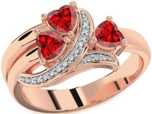 Diamond Emerald Rose Gold Heart Three Stone Birthstone Ring