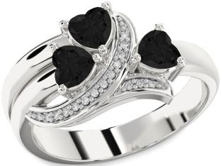 Black Diamond Silver Heart Three Stone Ring