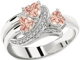 Diamond Morganite Silver Heart Three Stone Ring