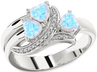 Diamond Moonstone Silver Heart Three Stone Ring