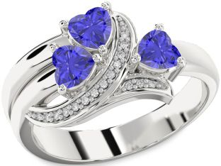 Diamond Tanzanite Silver Heart Three Stone Ring
