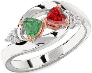 Diamond Emerald Platinum & Rose Gold Two Heart Birthstone Ring