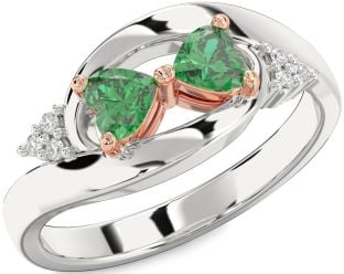 Diamond Emerald Platinum & Rose Gold Two Heart Birthstone Ring