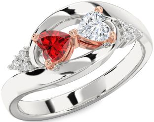 Diamond Emerald Platinum & Rose Gold Two Heart Birthstone Ring