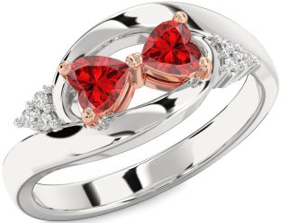 Diamond Emerald Platinum & Rose Gold Two Heart Birthstone Ring