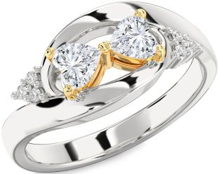 Diamond White Yellow Gold Two Heart Ring