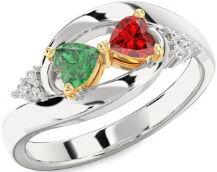 Diamond Emerald Platinum & Yellow Gold Two Heart Birthstone Ring