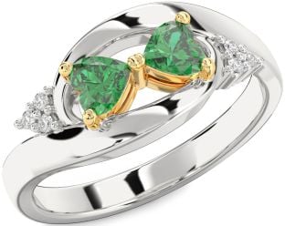 Diamond Emerald Platinum & Yellow Gold Two Heart Birthstone Ring
