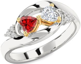 Diamond Emerald Platinum & Yellow Gold Two Heart Birthstone Ring