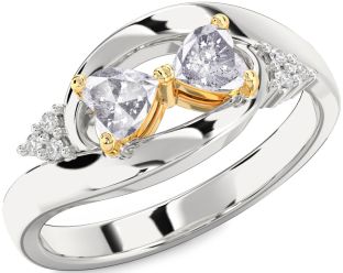 Salt & Pepper Diamond Gold Silver Two Heart Ring