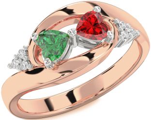 Diamond Emerald Platinum & Rose Gold Two Heart Birthstone Ring