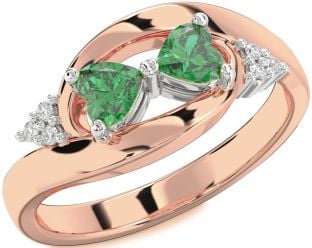 Diamond Emerald Platinum & Rose Gold Two Heart Birthstone Ring