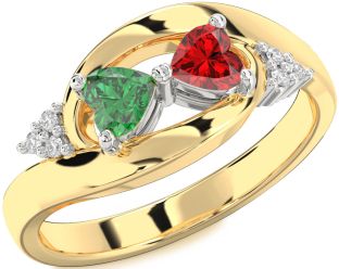 Diamond Emerald Platinum & Yellow Gold Two Heart Birthstone Ring
