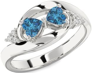 Blue Diamond Silver Two Heart Ring