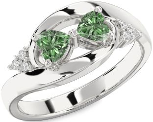 Green Diamond Silver Two Heart Ring