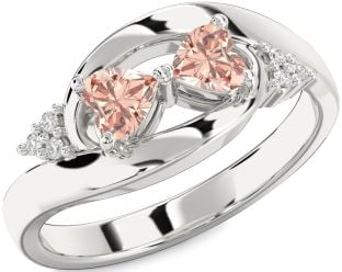 Diamond Morganite Silver Two Heart Ring