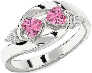 Diamond Pink Sapphire Silver Two Heart Ring