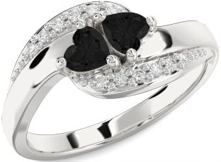 Black Diamond Silver Two Heart Ring