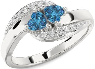 Blue Diamond Silver Two Heart Ring